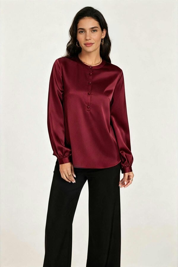 FS Collection Long Sleeve Satin Blouse Top In Wine