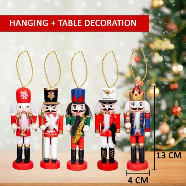 13cm Wooden Nutcracker Christmas Ornament Set of 5, Hand-Painted Wood Decorative Figures image 4