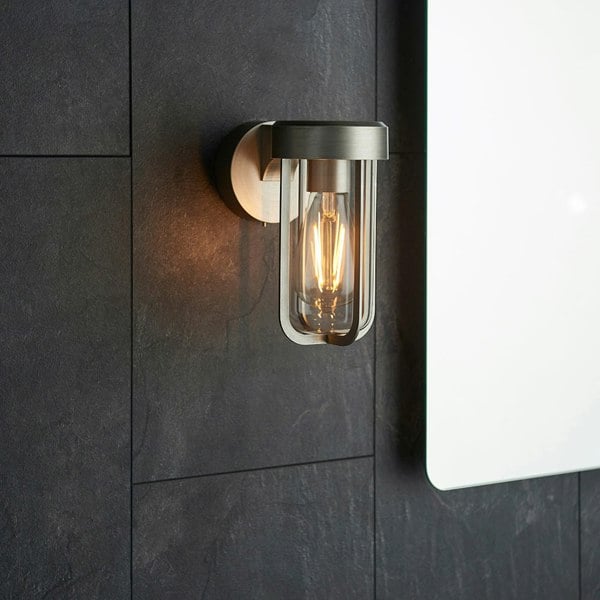 Brushed Silver Outdoor Wall Light with Clear Glass Shade - IP44 Rated - LED Bulb