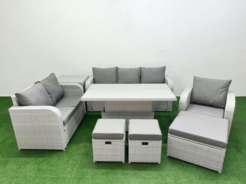 Fimous 9 Seater Outdoor Sofa Set, PE Wicker Rattan, Adj Height Table, Reclining Chair, Loveseat, 3 Seater Sofa, Stool and Side Table, Light Grey