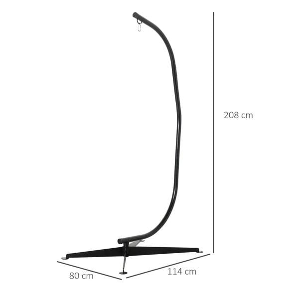 Black steel hammock stand with four-foot base and arched overhead bar