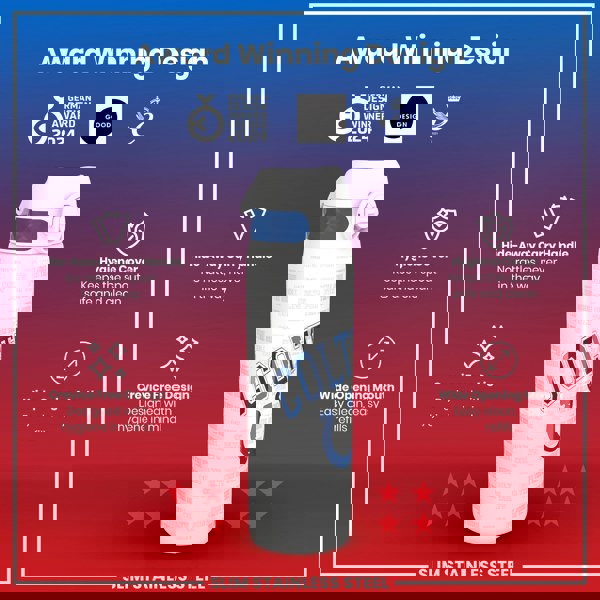 A slim stainless steel water bottle, featuring a hide-away handle and a hygiene cover, is displayed against a red and blue background; it boasts an award-winning design.