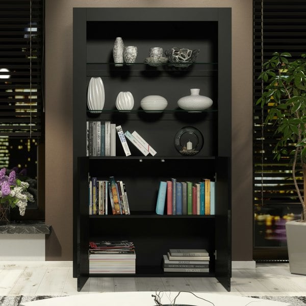 Mex Furniture Tall Display Cabinet 170cm – Black Matt Body & Black Matt Doors