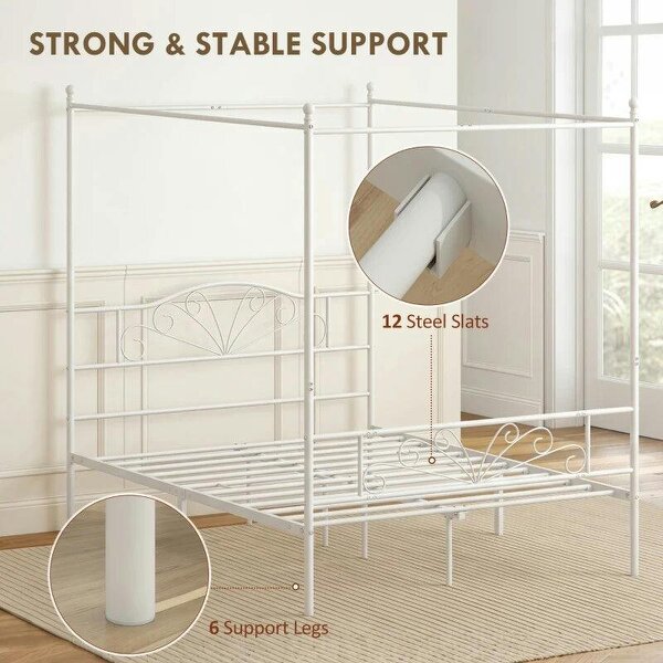 Canopy Bed Frame King Size, Metal Platform Bed Frame with Headboard and Footboard, Underbed Storage, White