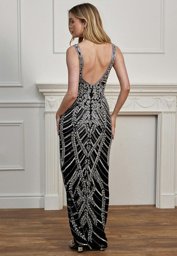 ANGELEYE Plunge Neck Silver Sequin Embellished Black Maxi Dress