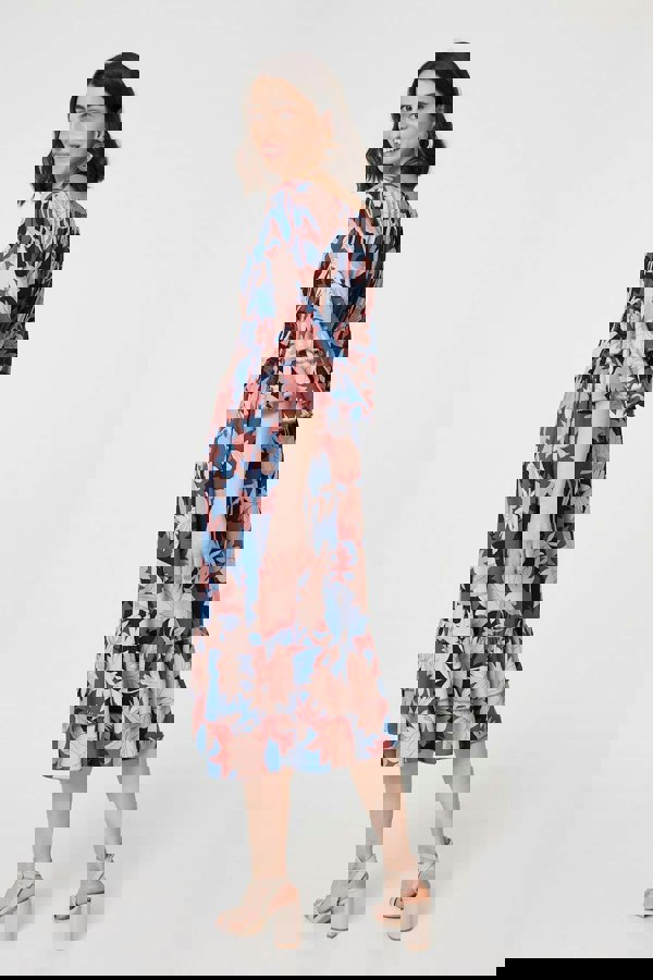 Navy | Floral 3/4 Sleeve Ruffled Midi Dress