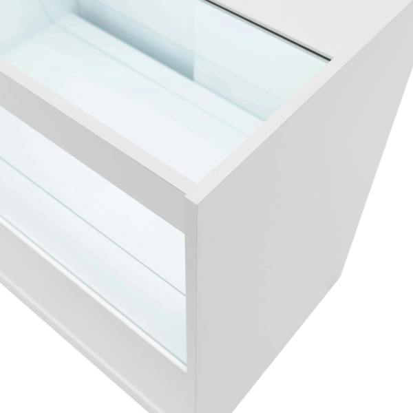 LED retail shop counter C1500 in sleek white finish, featuring glass shelves and a modern design for showcasing products