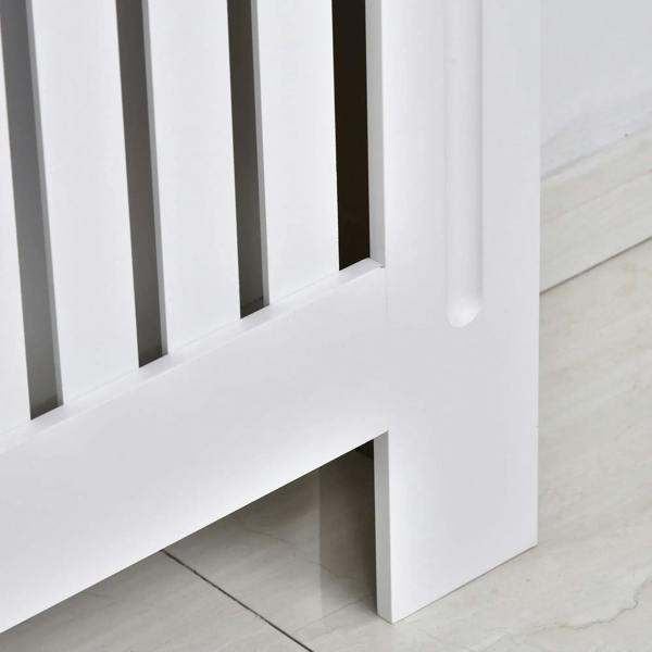 White radiator cover leg and slatted grille detail with open airflow gaps