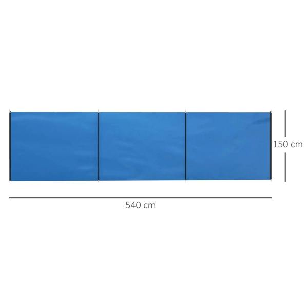 Blue camping windbreak dimensions shown: 540 cm width and 150 cm height