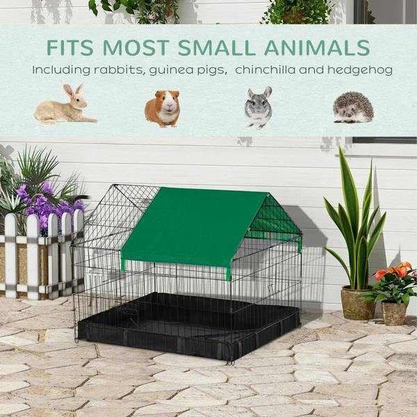 Small animal playpen cage with green roof and black base tray, wire mesh enclosure
