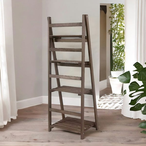 BMBO 4 Tier Wooden Free Standing Ladder Shelf Natural Brown