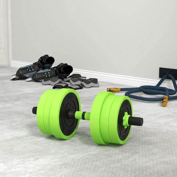 Green barbell with stacked weight plates and black threaded end collars