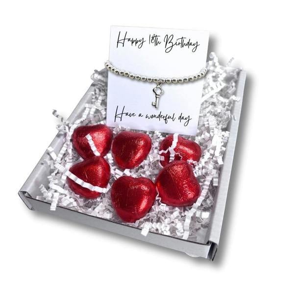 Aye Do Gifts 18th Birthday Gift Box, Silver Key Bracelet & Chocolate Hearts