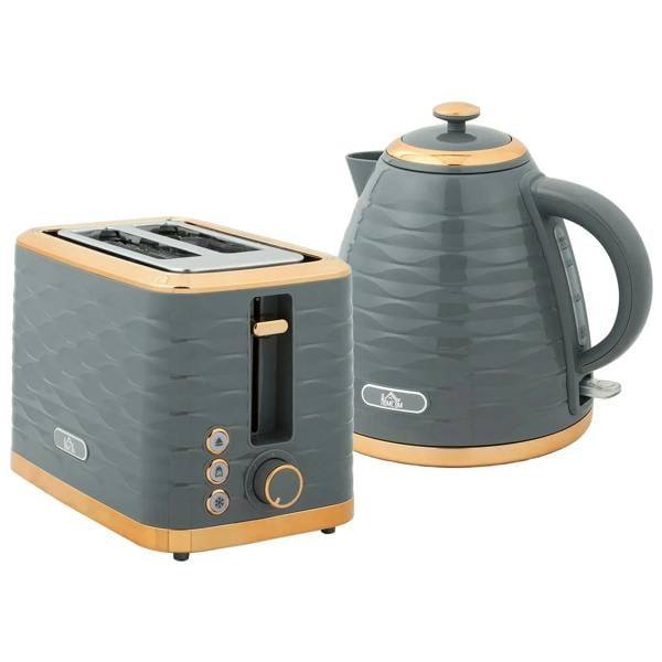 Grey electric kettle and 2-slice toaster set with dial controls and crumb tray