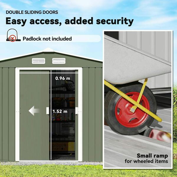 Light green metal shed showing double sliding doors; padlock not included