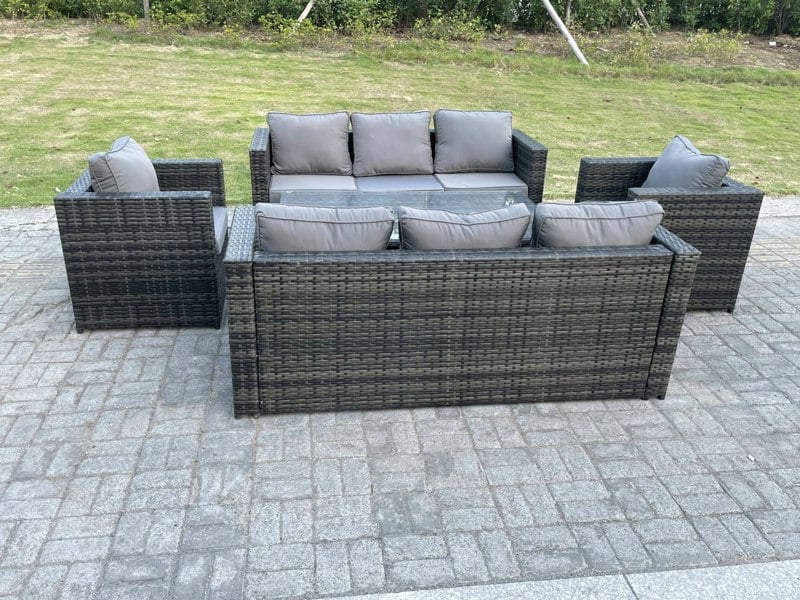 Fimous Outdoor 8-Seater Garden Rattan Sofa & Chairs Set with Adjustable Height Dining Table - Dark Grey