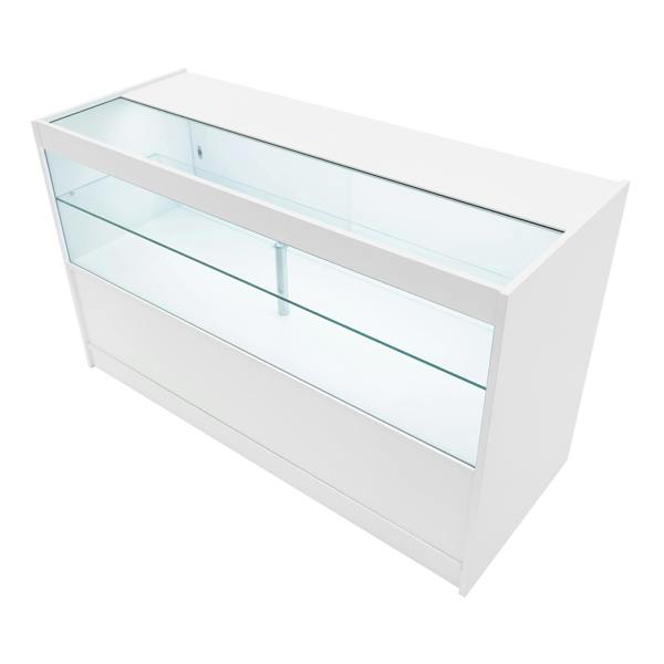 White Phoenix LED shop counter set featuring sleek glass display shelves and a modern design, ideal for retail environments
