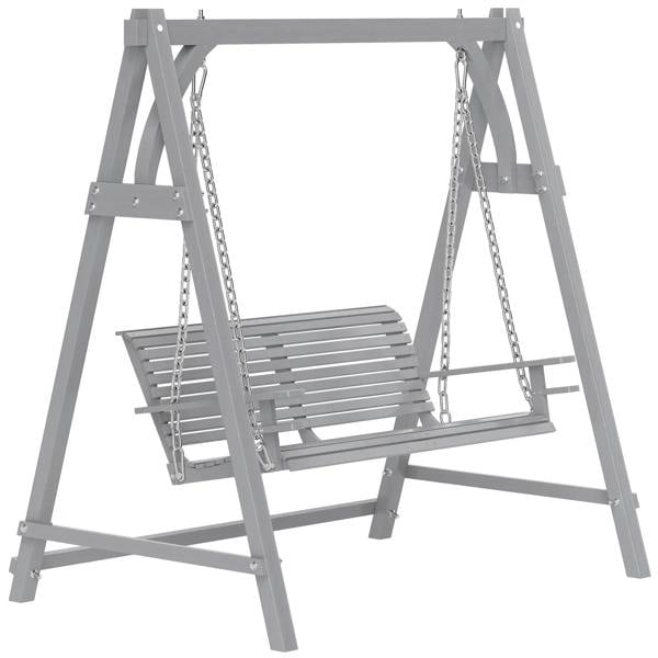 Grey wooden 2-seater garden swing bench with slatted seat and chain suspension frame