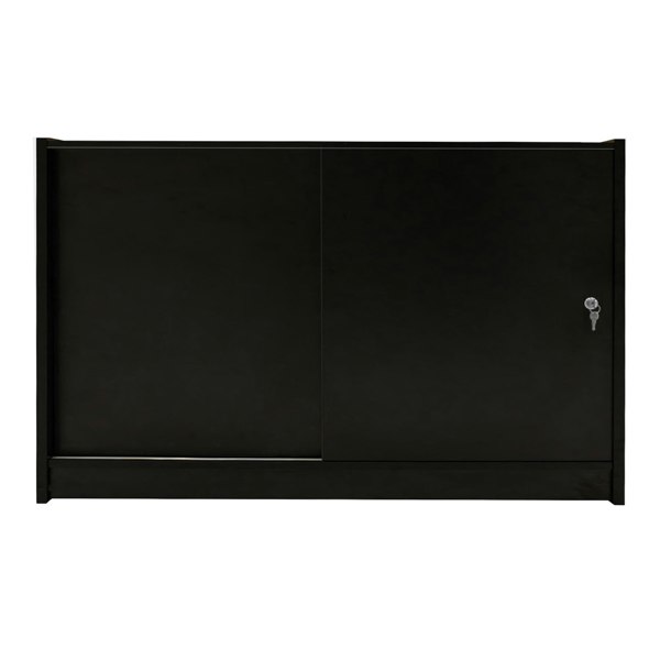 Sleek black LED retail shop counter B1500 with sliding doors and a lock, featuring a smooth finish and modern design