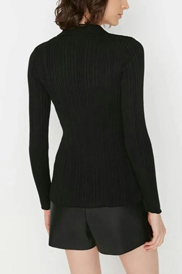WOVCOR Mercerized Look Ribbed Polo Neck Knit Cardigan
