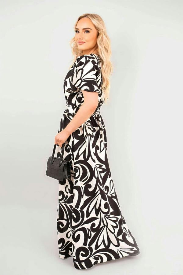 Celia Printed Short Sleeve Button Down V-neck Maxi Dress - Black