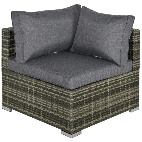 Outdoor rattan corner sofa chair with deep grey cushions and padded backrest