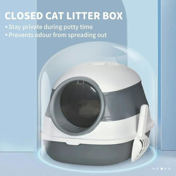 Covered cat litter tray in white and dark gray with round entry and side handle flap