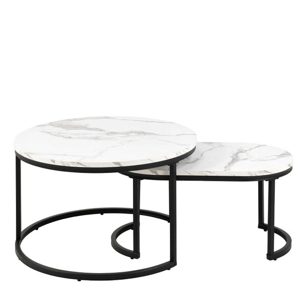 Wyld Haus Copenhagen Round White Marble Effect Nesting Coffee Table Set Black Metal Legs