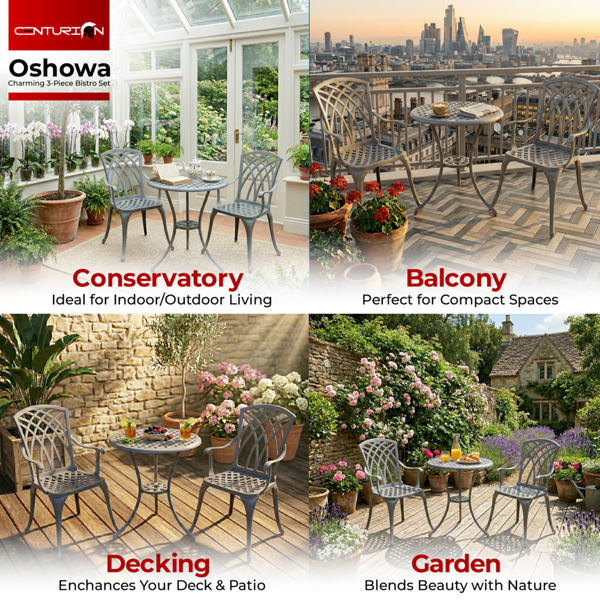 Centurion Supports OSHOWA Luxurious Garden and Patio Table and 2 Large Chairs with Armrests Cast Aluminium Bistro Set Grey