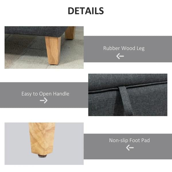 Dark grey storage ottoman with rubberwood legs and non-slip foot pad detail