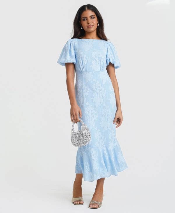 Needs No Label Blue Jacquard Shimmer Puff Sleeve Midi Dress