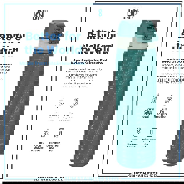 A teal stainless steel water bottle, displaying repeated "Philadelphia Fly Eagles Fly" text, sits against a white background, showcasing its durability and recyclability.