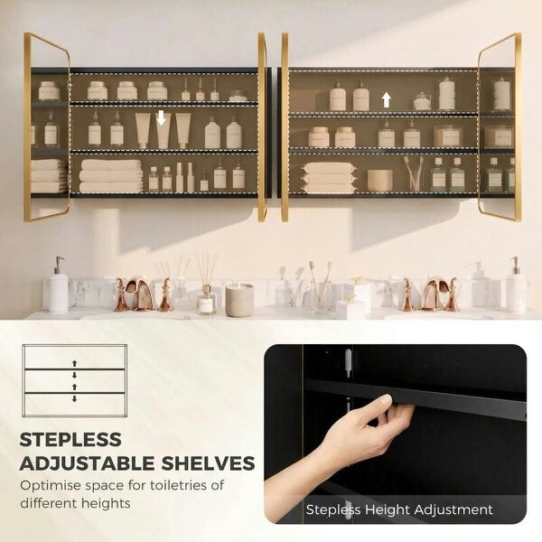 76.2 x 11.6 x 61 cm Bathroom Mirror Cabinet, Wall Cabinet with Adjustable Shelves, Wall-Mounted or Recessed, Gold Tone
