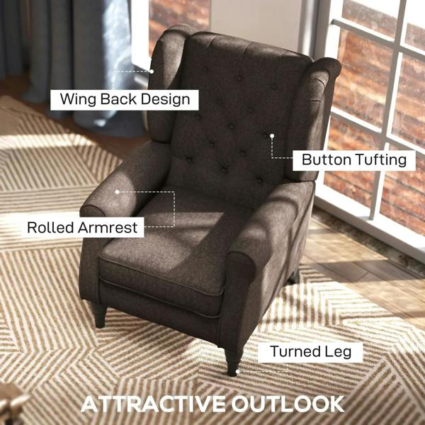 Brown wingback accent chair with rolled arms, button tufting, and turned legs