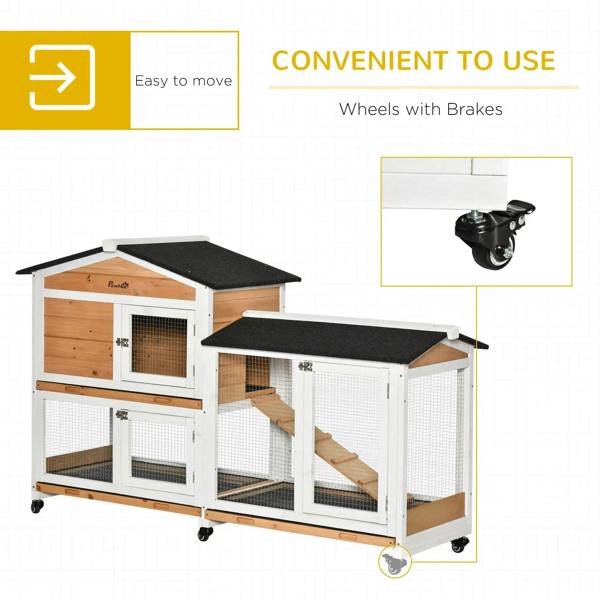2-tier rabbit hutch with run, two levels, black roof pads, white mesh, wheels with brakes