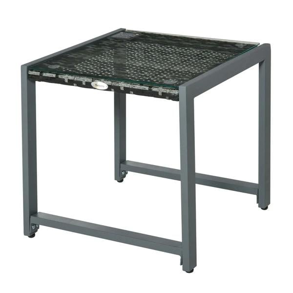 Grey rattan side table with dark glass top and woven surface, square frame