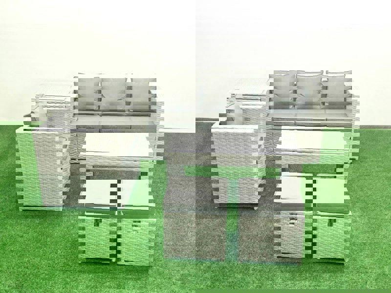 Fimous Rattan Garden Furniture Set Outdoor Lounger Sofa with Coffee Table 2 Small Footstools Light Grey Mixed 6 Seater