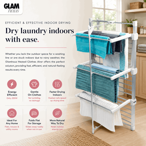 GlamHaus Heated Clothes Airer Dryer Rack Aluminium with Cover Electric 220W - Indoor - Folds Flat for Easy Storage