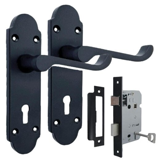 EDH Door Hardware Epsom Matt Black Door Handle Set, Internal Handles with Bathroom Sash Lock 170mm