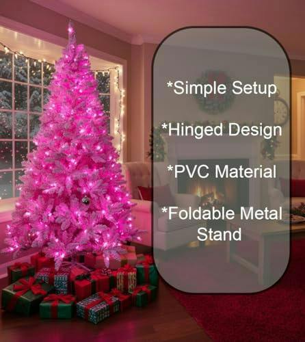 4ft to 8ft Pre-Lit Pink Flocked Christmas Tree with Snowy Finish and Built-In LED Lights image 7