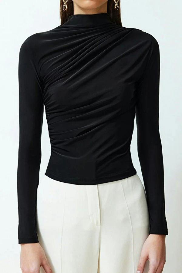 WOVCOR Draped High Neck Long Sleeve Blouse