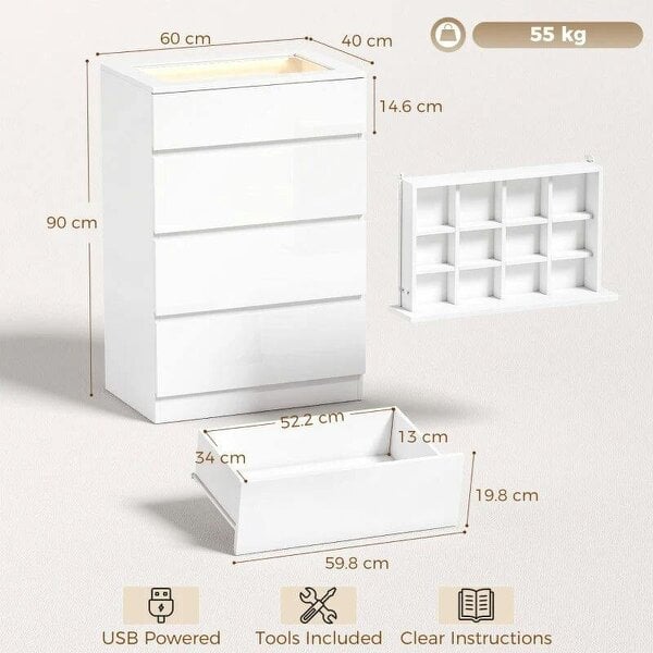 High Gloss 4 Drawer Chest of Drawers with Glass Top and RGB LED Lights, Dresser with Jewelry Organizer, APP Control