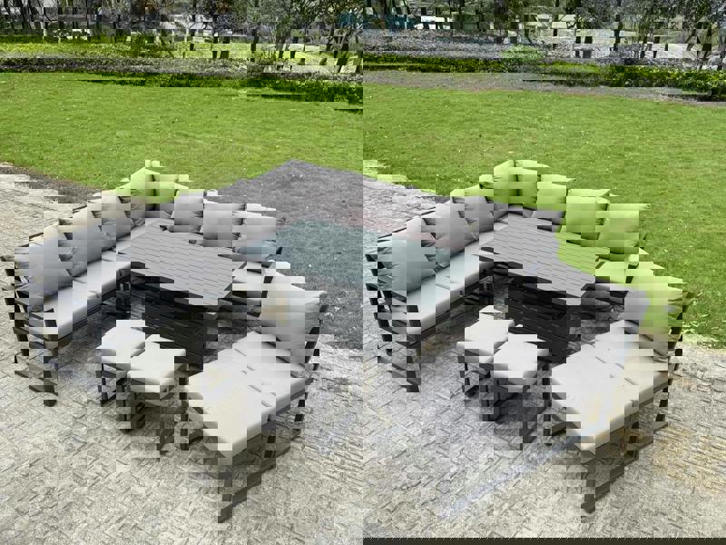 Fimous 10 Seater Aluminium Garden Furniture Set with Adjustable Rising Dining Table, Corner Sofa, 3 Footstools - Grey