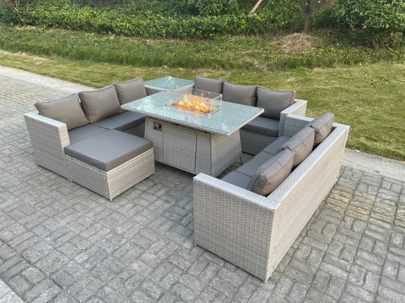 Fimous Rattan Outdoor Garden Furniture Set With Gas Firepit Table, 3 Sofas, 1 Side Table, 1 Footstool - 10 Seater - Light Grey