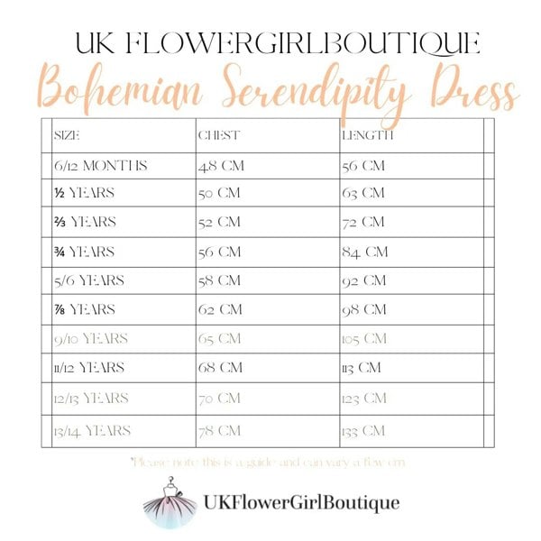 Size chart for a Bohemian Serendipity Dress by UK Flower Girl Boutique
