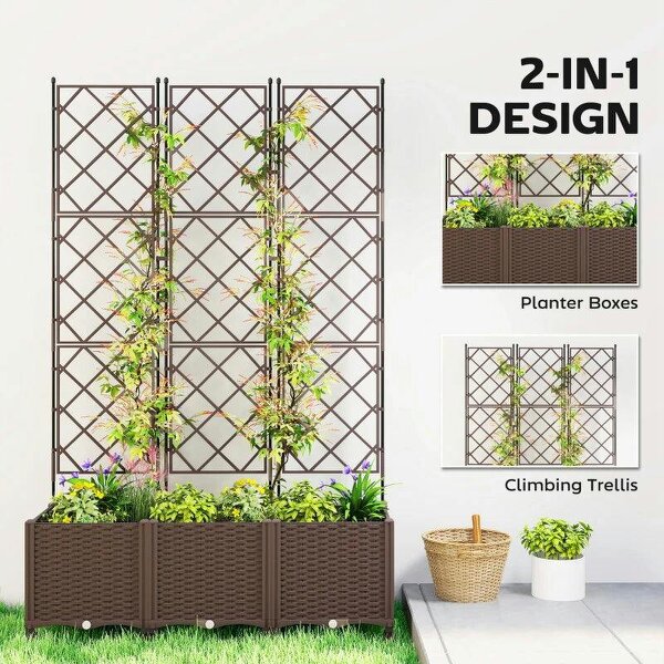 Plastic Raised Planter with Trellis, Self Watering Raised Bed for Garden with Wheels, Drainage Holes, Brown