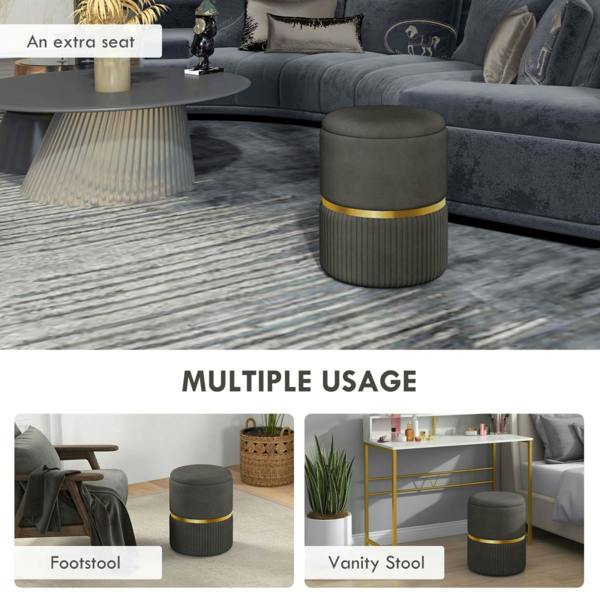 Dyzi Round Storage Pouffe Footstool Cushioned Velvet Seat Grey