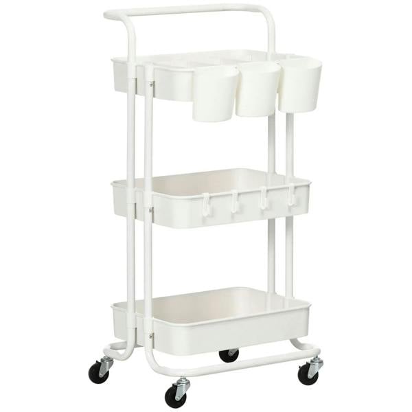 White three-tier home trolley with curved handle, wheels, and hanging cup holders