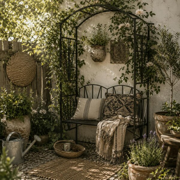 Wyld Haus Sovemo Metal Black 2 Seater Garden Bench With Arch Back For Climbing Plants