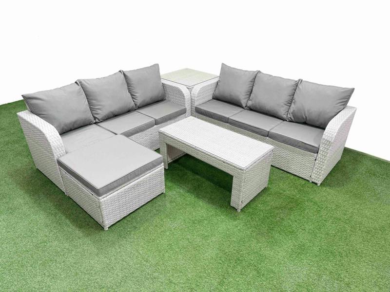 Fimous 7 Seater Wicker Patio Furniture Set, High Back Lounge Sofa, Coffee Table, Big Footstool and Side Table, Light Grey